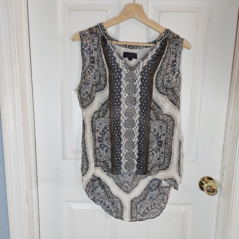 Hale Bob 100% Silk Sleeveless Top Beaded Collar Black White Gray Print Small